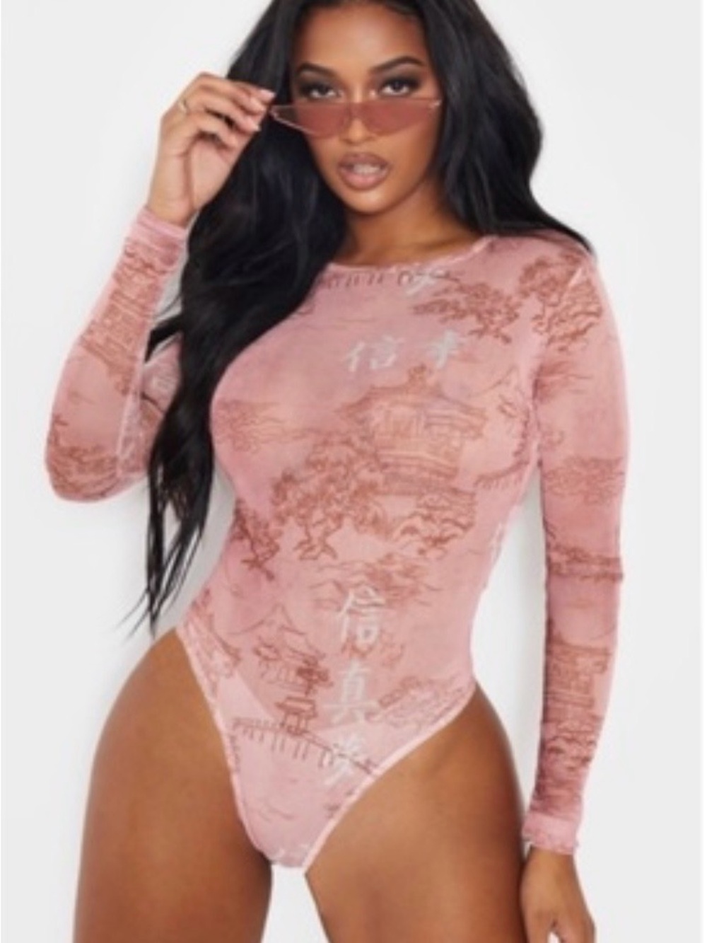 PrettyLittleThing Rose Pink Oriental Print Long Sleeve Bodysuit